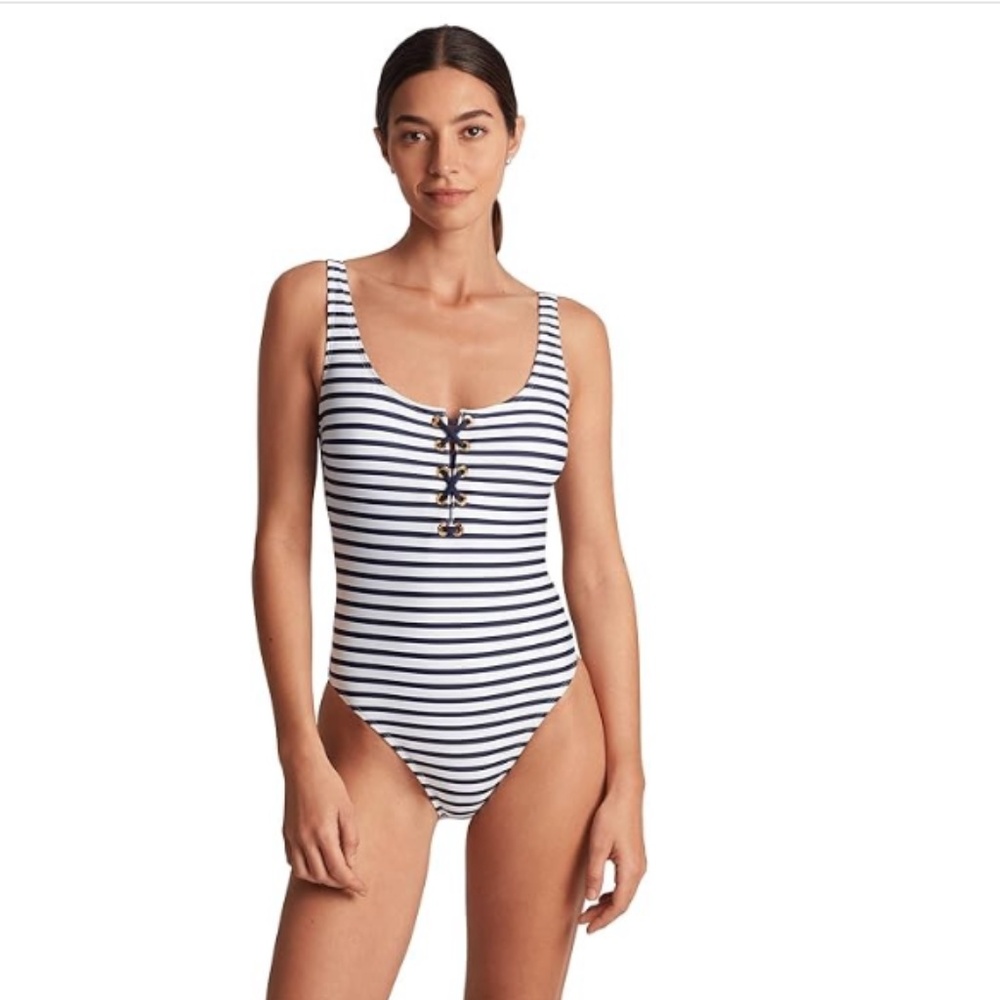 Lauren Ralph Lauren Navy and White Striped Lace-Up One-Piece Swimsuit. NWOT